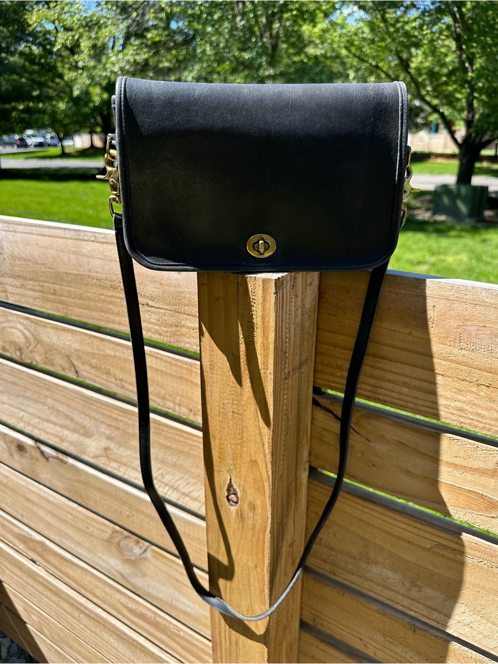 Coach Black Leather Crossbody with Gold-Tone Turnlock Vintage